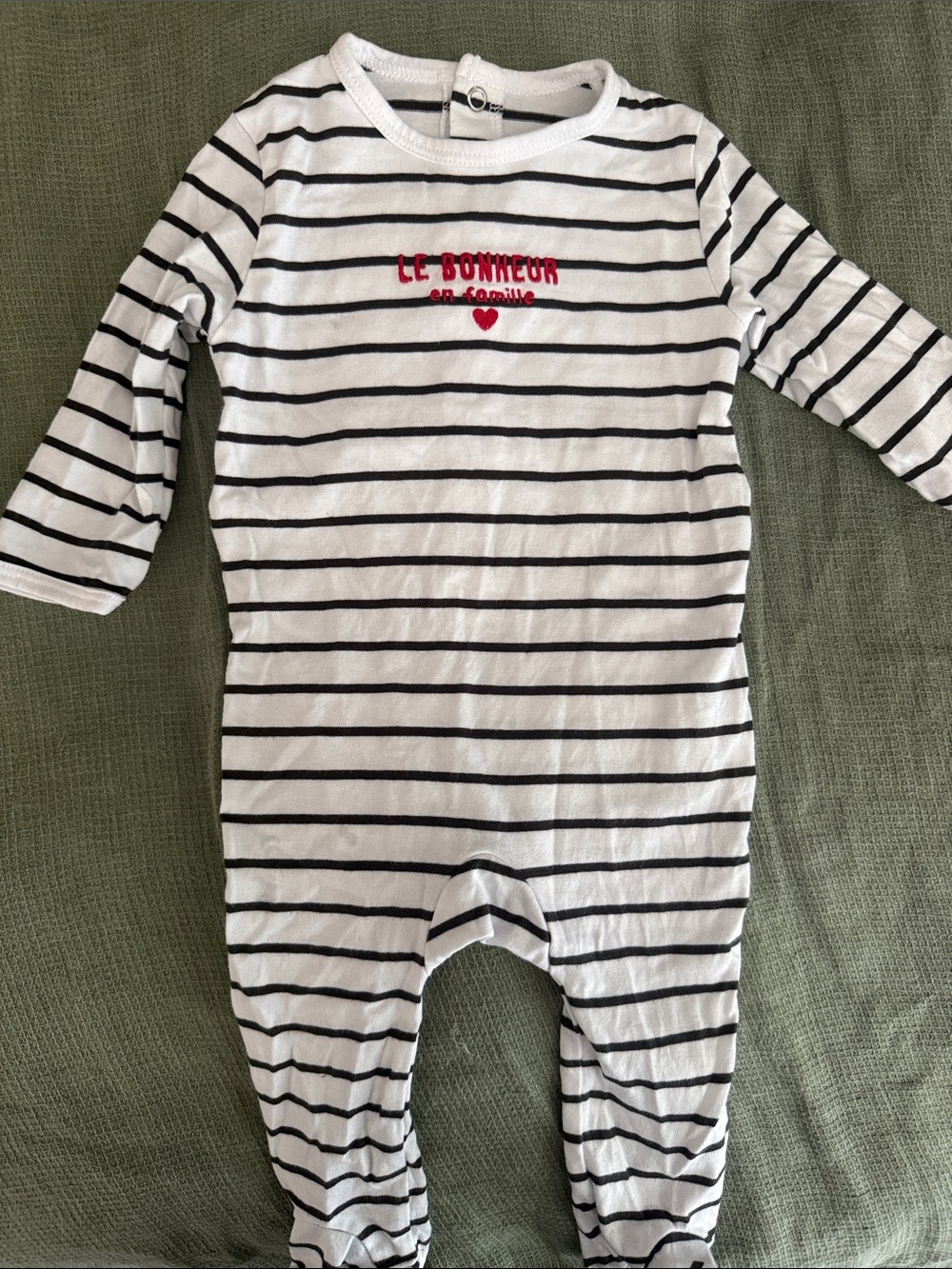 Striped White & Black Baby One-Piece with Red Embroidered Detail